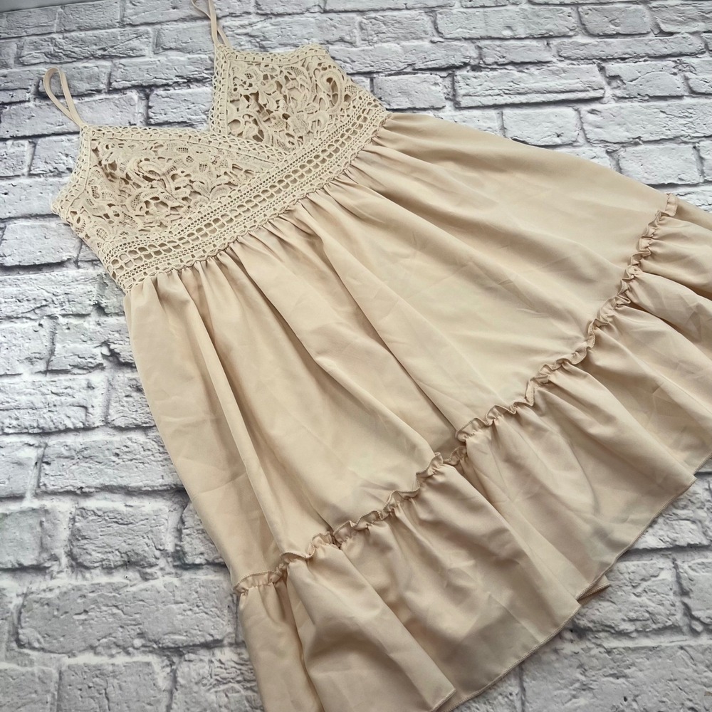 Shein Curve Boho Tiered Dress Beige Lace Spaghetti Strap Ruffle Hem 0XL